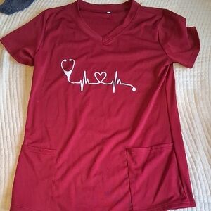 Red V-Neck T-Shirt with Heartbeat Design